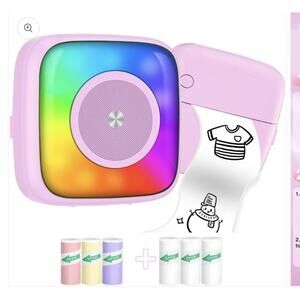 Lebt Mini Thermal Printer Sticker Print Light Up Colorful With 6 Rolls Pink